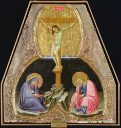 Keresztre feszítés a Szűzanyával és Keresztelő Szent Jánossal (tempera a panelen)